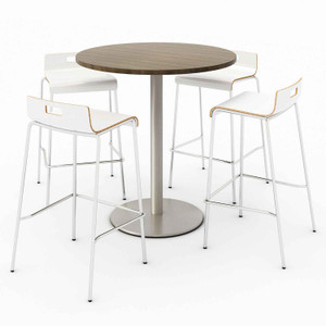 KFI Studios Pedestal Bistro Table with Four White Jive Series Barstools, Round, 36" Dia x 41h, Studio Teak View Product Image