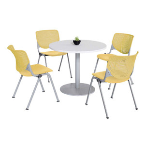 KFI Studios Pedestal Table with Four Yellow Kool Series Chairs, Round, 36" Dia x 29h, Designer White View Product Image