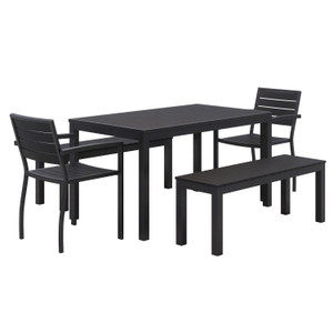 KFI Studios Eveleen Outdoor Patio Table with Two Black Powder-Coated Polymer Chairs and Two Benches, 32 x 55, Gray View Product Image