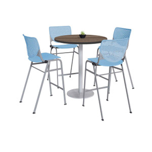 KFI Studios Pedestal Bistro Table with Four Sky Blue Kool Series Barstools, Round, 36" Dia x 41h, Studio Teak View Product Image