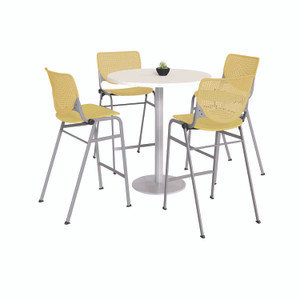 KFI Studios Pedestal Bistro Table with Four Yellow Kool Series Barstools, Round, 36"Dia x 41h, Designer White View Product Image