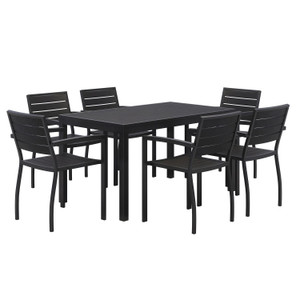 KFI Studios Eveleen Outdoor Patio Table with Six Black Powder-Coated Polymer Chairs, 32 x 55 x 29, Black View Product Image