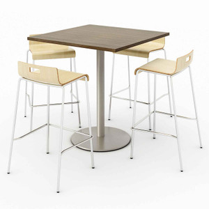 KFI Studios Pedestal Bistro Table with Four Natural Jive Series Barstools, Square, 36 x 36 x 41, Studio Teak View Product Image