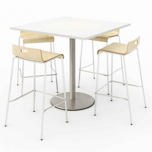 KFI Studios Pedestal Bistro Table with Four Natural Jive Series Barstools, Square, 36 x 36 x 41, Designer White View Product Image