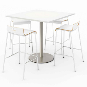 KFI Studios Pedestal Bistro Table with Four White Jive Series Barstools, Square, 36 x 36 x 41, Designer White View Product Image