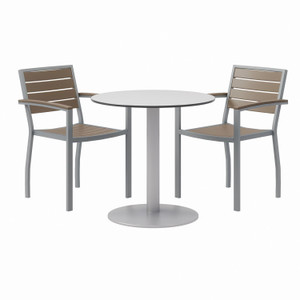 KFI Studios Eveleen Outdoor Patio Table with Two Mocha Powder-Coated Polymer Chairs, 30" Dia x 29h, Gray View Product Image