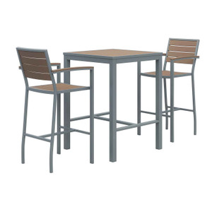 KFI Studios Eveleen Outdoor Bistro Patio Table with Two Mocha Powder-Coated Polymer Barstools, 30" Square, Mocha View Product Image