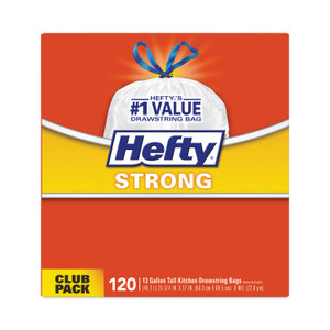 Hefty Strong Tall Kitchen Drawstring Bags, 13 gal, 0.9 mil, 24" x 27.75", White, 120/Box (PCTE84562) View Product Image