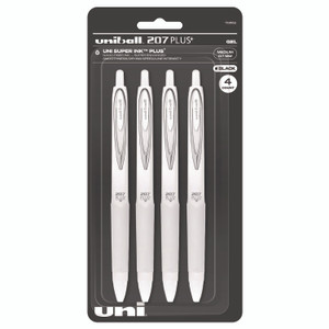 uniball 207 Plus+ Gel Pen, Retractable, Medium 0.7 mm, Black Ink, White Barrel, 4/Pack View Product Image