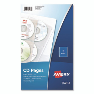 Avery Two-Sided CD Organizer Sheets for Three-Ring Binder, 4 Disc Capacity, Clear, 5/Pack View Product Image