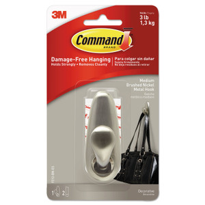 Command Adhesive Mount Metal Hook, Medium, Brushed Nickel Finish, 3 lb Capacity, 1 Hook and 2 Strips (MMMFC12BNES) View Product Image