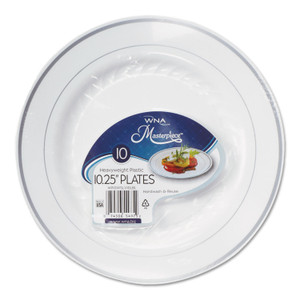 WNA Masterpiece Plastic Plates, 10.25" dia, White with Silver Accents, Round, 10/Pack, 12 Packs/Carton (WNARSM101210WS) View Product Image