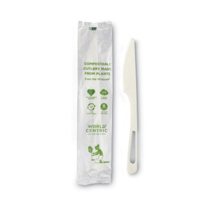 World Centric TPLA Compostable Cutlery, Knife, Plastic, White, 750/Carton View Product Image