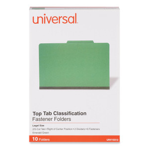 Universal Bright Colored Pressboard Classification Folders, 2" Expansion, 2 Dividers, 6 Fasteners, Legal Size, Emerald Green, 10/Box View Product Image