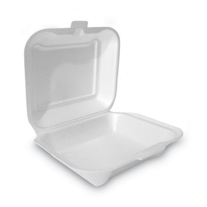 Plastifar Foam Hinged Lid Container, Secure One Tab Latch, Poly Bag, 7.81 x 8.75 x 3.38, White, 100/Sleeve, 2 Sleeves/Bag, 1 Bag/Pack View Product Image