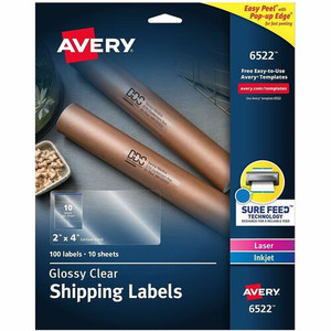 Avery Shipping Labels, Glossy Clear, 2" x 4" , 100 Labels (6522) - 2" Width x 4" Length - Permanent Adhesive - Rectangle - Inkjet, Laser - Glossy Product Image 