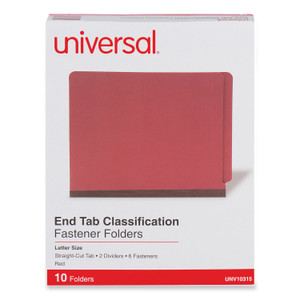 Universal Red Pressboard End Tab Classification Folders, 2" Expansion, 2 Dividers, 6 Fasteners, Letter Size, Red Exterior, 10/Box View Product Image