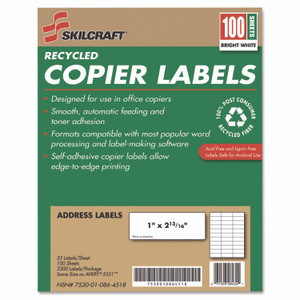 AbilityOne 7530010864518, SKILCRAFT Recycled Copier Labels, Copiers, 1 x 2.81, White, 33/Sheet, 100 Sheets/Box View Product Image
