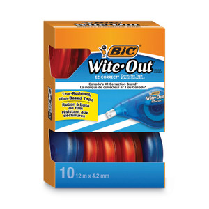 BIC Wite-Out EZ Correct Correction Tape Value Pack, Non-Refillable, Blue/Orange Applicators, 0.17" x 472", 10/Box (BICWOTAP10) View Product Image