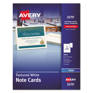 Avery Note Cards with Matching Envelopes, Inkjet, 65lb, 4.25 x 5.5, Textured Uncoated White, 50 Cards, 2 Cards/Sheet, 25 Sheets/Box (AVE3379) View Product Image