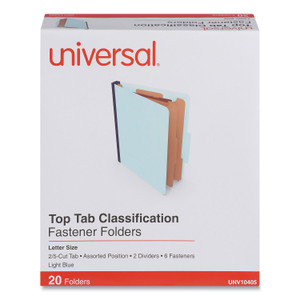 Universal Six-Section Pressboard Classification Folders, 2.5" Expansion, 2 Dividers, 6 Fasteners, Letter Size, Light Blue, 20/Box View Product Image