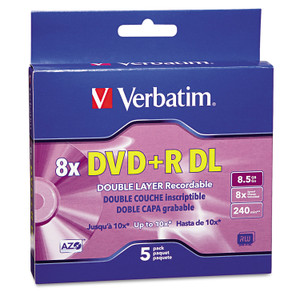 Verbatim DVD+R Dual-Layer Recordable Disc, 8.5 GB, 8x, Jewel Case, Silver, 5/Pack View Product Image