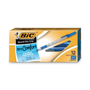 BIC Round Stic Grip Xtra Comfort Ballpoint Pen, Stick, Fine 0.8 mm, Blue Ink, Gray/Blue Barrel, Dozen (BICGSFG11BE) View Product Image