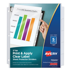 Avery Print and Apply Index Maker Clear Label Sheet Protector Dividers with White Tabs, 5-Tab, 11 x 8.5, White, 1 Set (AVE75500) View Product Image