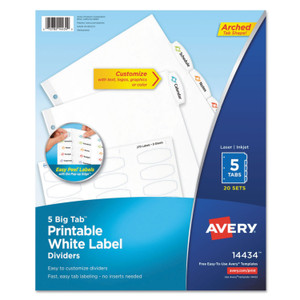 Avery Big Tab Printable White Label Tab Dividers, 5-Tab, 11 x 8.5, White, 20 Sets (AVE14434) View Product Image