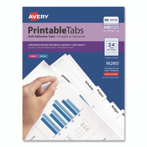 Avery Printable Plastic Tabs with Repositionable Adhesive, 1/5-Cut, White, 1.25" Wide, 96/Pack View Product Image