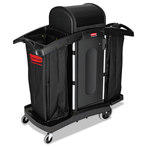 Rubbermaid Commercial High-Security Housekeeping Cart, Plastic, 3 Shelves, 2 Bins, 22" x 51.75" x 53.5", Black/Silver View Product Image