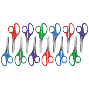Universal Kids' Scissors, Rounded Tip, 5" Long, 1.75" Cut Length, Assorted Straight Handles, 12/Pack (UNV92023) View Product Image