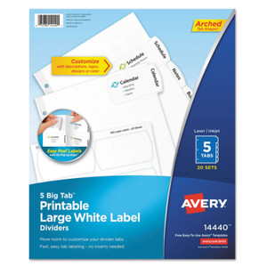 Avery Big Tab Printable Large White Label Tab Dividers, 5-Tab, 11 x 8.5, White, 20 Sets (AVE14440) View Product Image