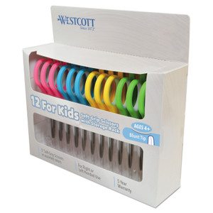 Westcott Soft Handle Kids Scissors, Rounded Tip, 5" Long, 1.75" Cut Length, Assorted Straight Handles, 12/Pack (ACM15971) View Product Image