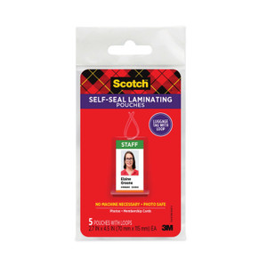 Scotch Self-Sealing Laminating Pouches, 12.5 mil, 2.81" x 4.5", Gloss Clear, 5/Pack View Product Image