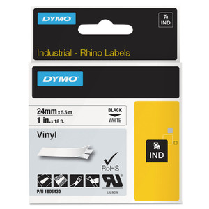 DYMO Rhino Permanent Vinyl Industrial Label Tape, 1" x 18 ft, White/Black Print View Product Image