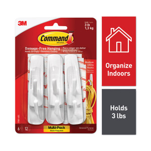 Command General Purpose Hooks Multi-Pack, Medium, Plastic, White, 3 lb Capacity, 6 Hooks and 12 Strips/Pack (MMM170016ES) View Product Image