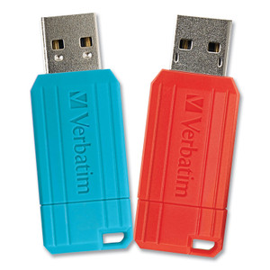 Verbatim PinStripe USB 2.0 Flash Drive, 64 GB, Caribbean Blue/Red, 2/Pack View Product Image