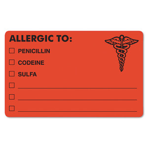 Tabbies Allergy Warning Labels, ALLERGIC TO: PENICILLN, CODEINE, SULFA, 2.5 x 4, Fluorescent Red, 100/Roll View Product Image