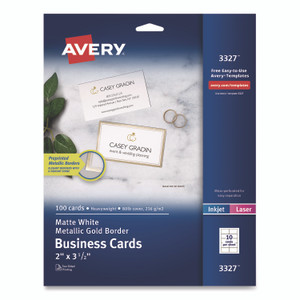 Avery Business Cards with Metallic Gold Borders, Inkjet/Laser, 2 x 3.5, White, 100 Cards, 10 Cards/Sheet, 10 Sheets/Pack View Product Image