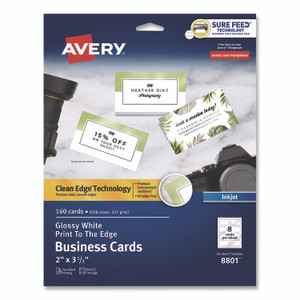 Avery Print to the Edge Business Cards with Sure Feed Technology, 2 x 3.5, White, 160 Cards, 8/Sheet, 20 Sheets/Pack View Product Image