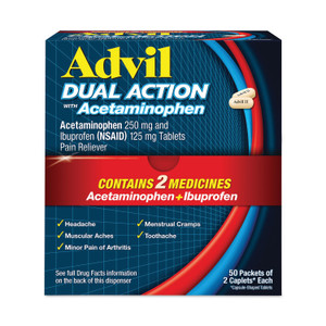 Advil Dual Action with Acetaminophen and Ibuprofen Caplets, 50 Packets of 2 Caplets View Product Image