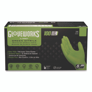 GloveWorks by AMMEX Heavy-Duty Industrial Nitrile Gloves, Powder-Free, 8 mil, 2X-Large, Green, 100 Gloves/Box, 10 Boxes/Carton View Product Image