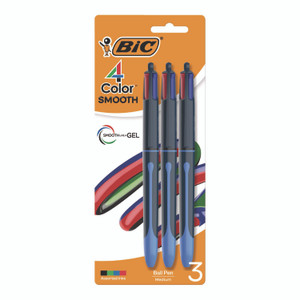 BIC 4-Color Smooth Multi-Color Ballpoint Pen, Retractable, Medium 1 mm, Black/Blue/Green/Red Ink, Black/Blue Barrel, 3/Pack View Product Image