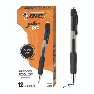 BIC Gel-ocity Pro Quick Dry Gel Pen, Retractable, Medium 0.7 mm, Black Ink, Black/Clear Barrel, 12/Pack View Product Image