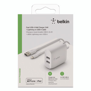 Belkin BOOST CHARGE Dual USB-A Wall Charger + Lightning to USB-A Cable, White View Product Image