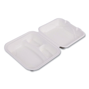 Eco-Products Vanguard Renewable and Compostable Sugarcane Clamshells, 3 Compartments, 8 x 8 x 3, White, 200/Carton View Product Image