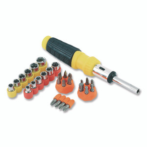 Great Neck Ratcheting Screw/Nut Driver Set, 34-Piece, Hex/Phillips/Slotted/Star Bits, Metric/SAE Sockets, 8" Long, Yellow/Black Handle View Product Image