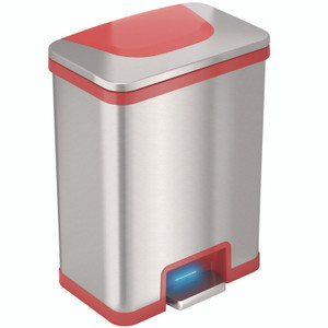 HLS Commercial Step Pedal-Sensor Trash Can, 13 gal, Plastic/Stainless Steel, Silver/Red View Product Image