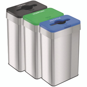 HLS Commercial Open Top Trash Can/Recycle Bin/Compost Bin w/Color-Coded Lids Set, 21 gal, Plastic/Stainless Steel, Silver/Black/Blue/Green View Product Image